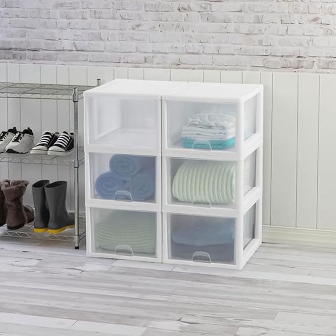 Sterilite 27 Qt (4 Pack) and 16 Qt (6 Pack) Clear Plastic Stackable Organizer Drawers, White