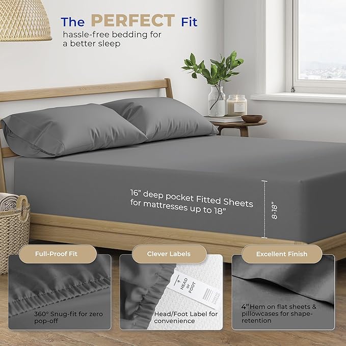 THREAD SPREAD 2-Pack Full Size Sheet Sets - 400 Thread Count 100% Cotton Sateen Weave - Extra Soft, Breathable, Hotel Quality Cooling Sheets, 2 Sets of Full Size Deep Pocket Bed Sheets (Dark Grey)