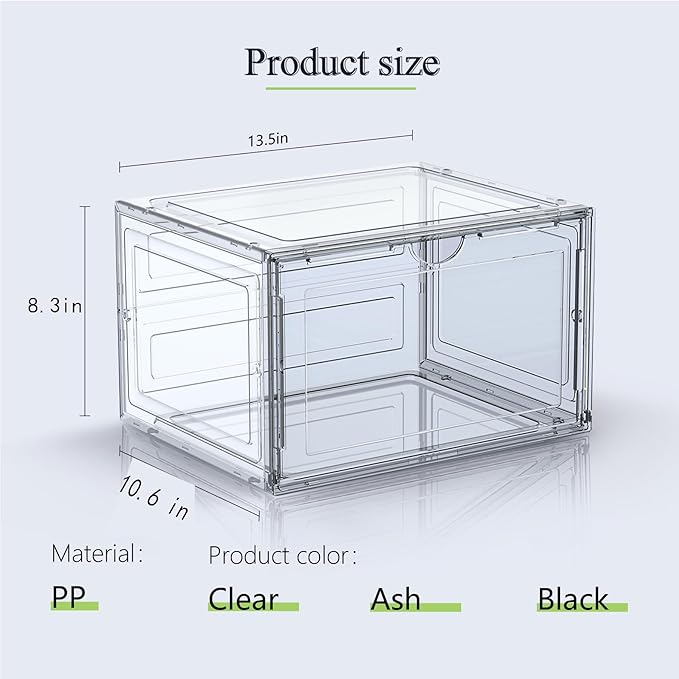 8 Pack XL Shoe Storage Box Organizer,Drop Side Large Shoe Boxes Clear Plastic Stackable Container,Magnetic Sneaker Display Case, Fit up to US 13（13.4”x 10.6”x 8.3”(8 Pack Black)