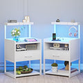 VIAGDO Nightstand Set of 2 with Charging Station and LED Lights, White Night Stand with Drawer, Modern End Side Table with Open Storage Shelves, Bedside Tables for Bedroom, Office