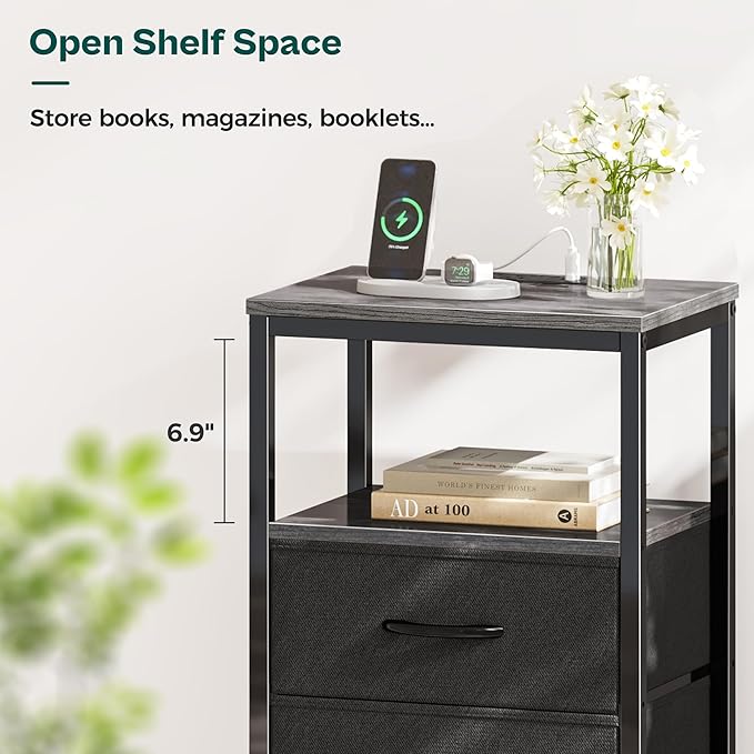 Huuger Nightstand with Charging Station, Side Table with Fabric Drawers, End Table with Open Shelf, Bedside Table with USB Ports and Outlets, Night Stand for Bedroom, Charcoal Gray | with Open Shelf, for Bedroom