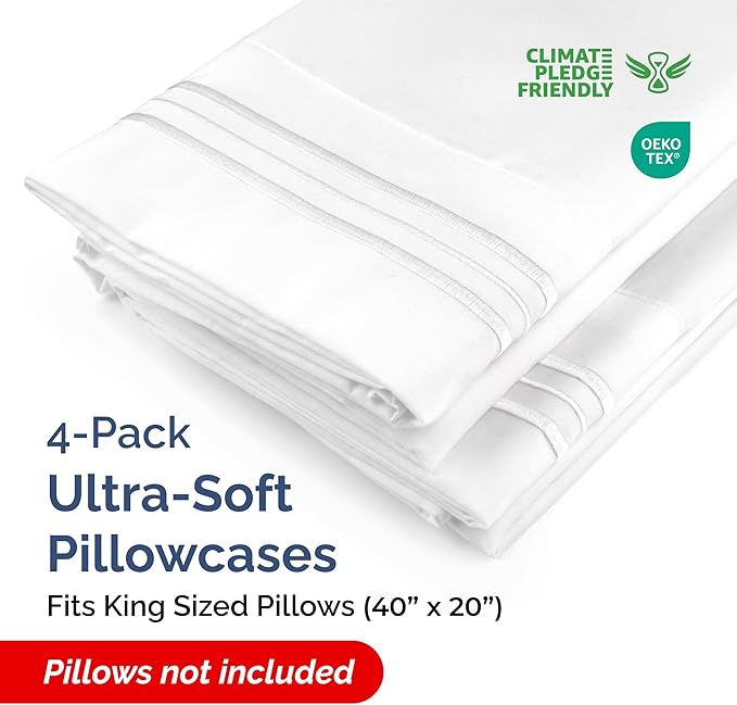 King Pillow Cases Set of 4 - Ultra Soft Hotel Quality Pillowcase Covers - Comfy, Cozy & Wrinkle Free - Shrinkage, Stain and Fade Resistant - Machine Washable Pillow Protectors - 4 Piece Set - White