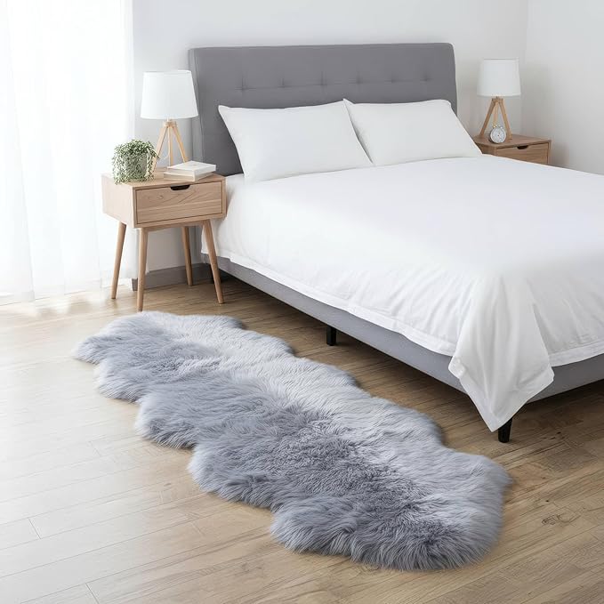 Super Area Rugs Premium Silver Gray Sheepskin Rug Genuine Double 2x6ft Pelt Fluffy Fur Rug for Bedrooms