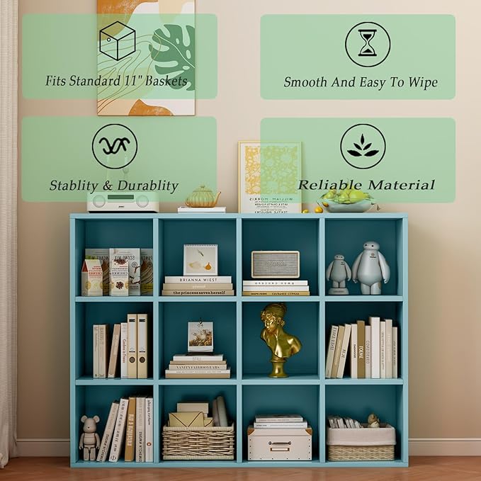 OSCHF 12-Cube Storage Shelf Bookcase - Wooden 3-Tier Floor Standing Open Bookshelf for Home and Office, Display Cabinet, Light Blue