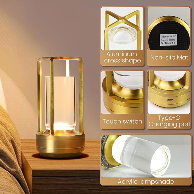 Crystal Lantern Lights Set of 2, Czgor Battery Operated Rechargeable Cordless Crystal Table Lantern Lamp with 3-Color, Small LED Desk Lamp for Indoor/Outdoor Patio Camping Bedroom Bar Restaurant(Gold)