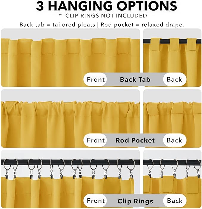Deconovo Extra Long Blackout Curtains Back Tab and Rod Pocket Thermal Insulated Room Darkening Curtains for Bedroom 52Wx108L Inch Mellow Yellow 2 Panels