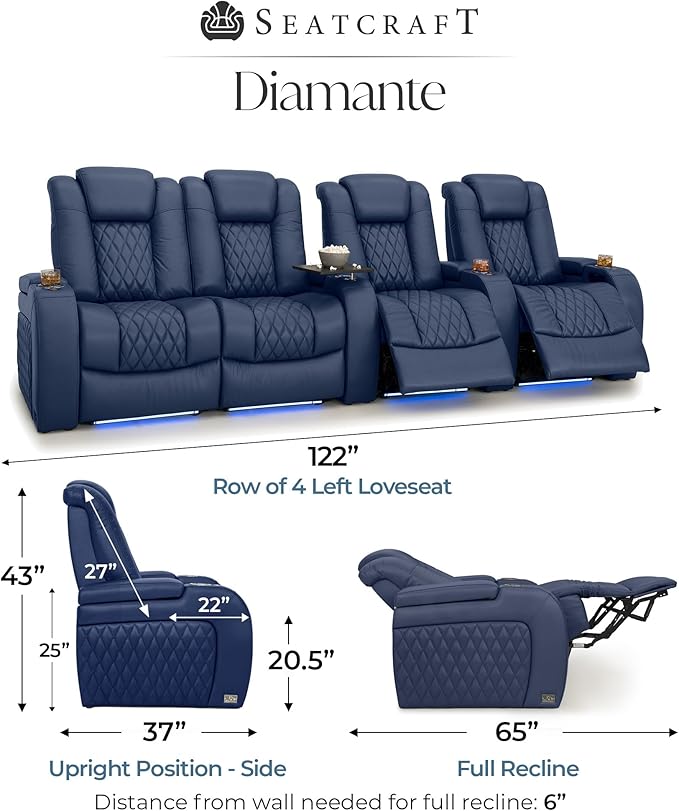 Seatcraft Diamante Zero-Gravity CoolZero Italian Leather Home Theater Seating, Power Headrest, Power Recline, Row of 4 Left Loveseat, Navy Blue