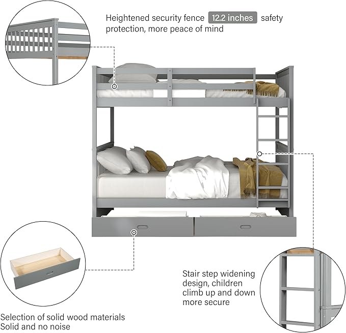 Merax Wood Bunk Bed with Drawers,Convertible Wood Bunk Bed with Ladders and Two Storage Drawers,Solid Wood Detachable Bed Frame with Ladders,Full Over Full,Grey