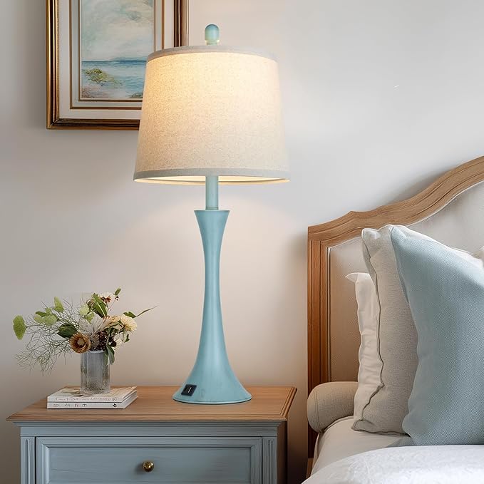 Riweey Blue Metal Table Lamp Set of 2 with USB C+A Ports, Bedside Lamp, Modern Bedroom Lamps, Coastal Lamp for Night Stands Bedroom Living Room,Nightstand Lamp LED Bulbs Included
