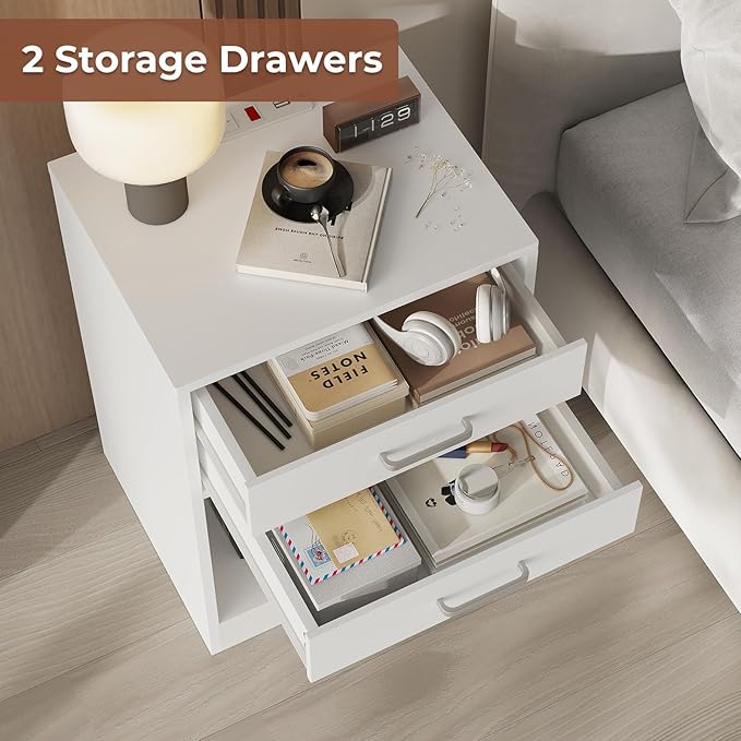 ADORNEVE Nightstands Set of 2,White Night Stand with Charging Station & Drawers,Night Stands for Bedrooms 2