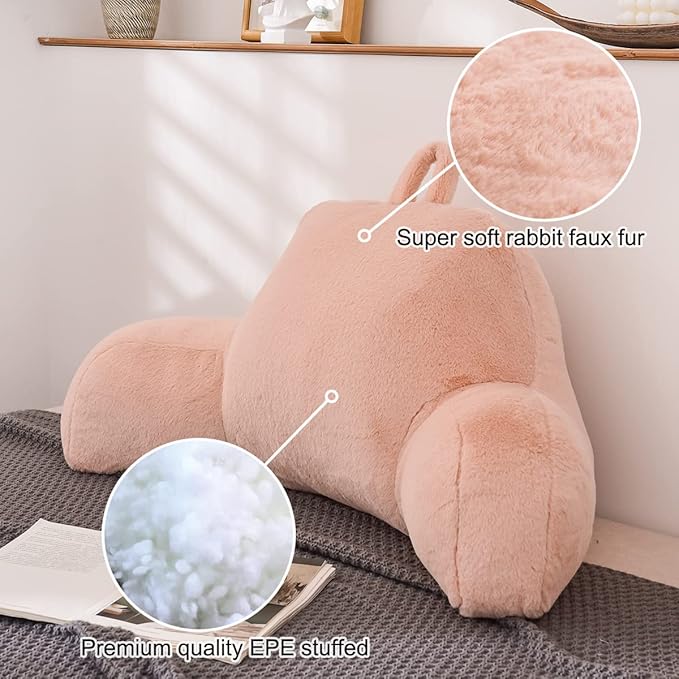 Holawakaka Large Faux Fur Bed Rest Pillow with Arms,Rabbit Fur Reading Pillows Perfect for Adults Men Women, Arm, Back, Pregnancy Lumbar & Head Neck Coccyx Lower Back Support Cushion (Blush)