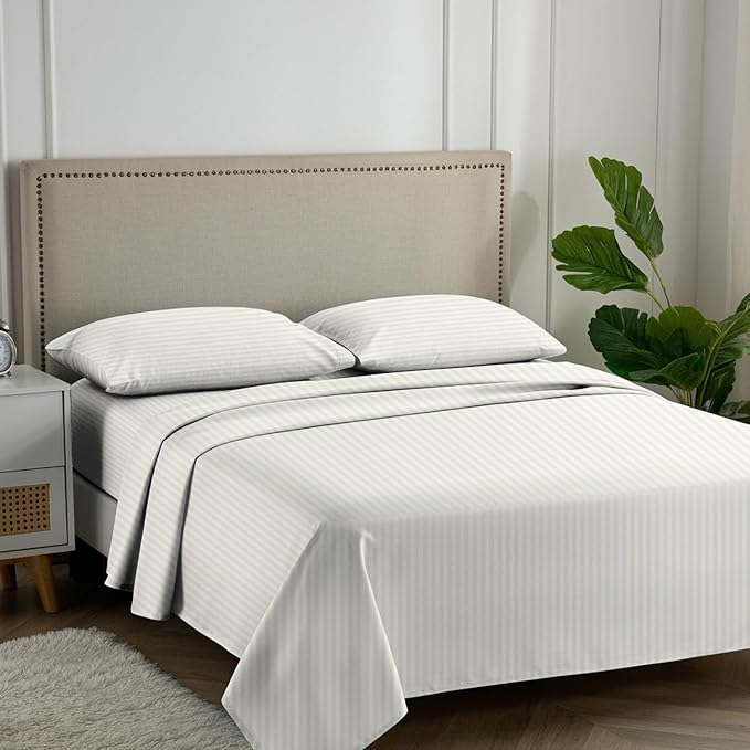 Carressa Linen Luxury Egyptian Cotton Full Stripe Sheet Set - 600 Thread Count Extra Long Staple 4 PC Set, Ivory Full Damask Sheets, Soft, Cooling Sateen Weave Sheets Upto 18 in Deep Pocket