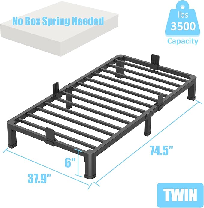 FUIOBYVV 6 Inch Twin Bed Frame with Round Corner Edge Legs 3500 lbs Metal Heavy Duty Steel Slats Support No Box Spring Needed Platform Noise Free Easy Assembly
