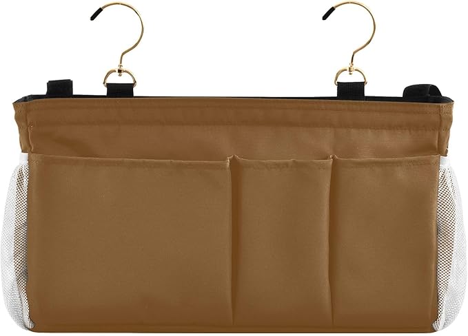 KOPIRIT Brown Bedside Caddy Storage Bag Bedside Organizer for Bunk Bed Headboards College Organizer Caddy Hanging Shelf 6 Pockets with Hooks for Drinks Magazine Phone Holder