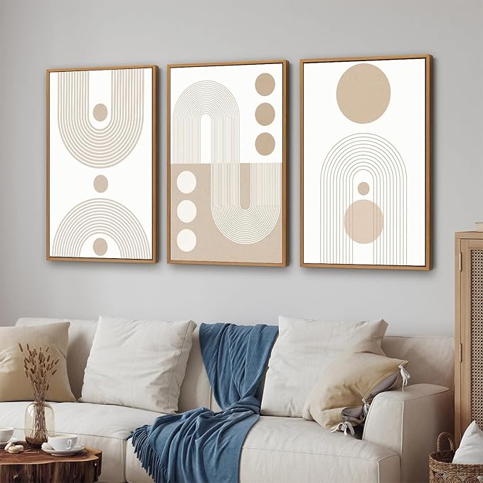 YeeHomedec Boho Beige Neutral Framed Canvas Wall Art, Mid Century Modern Wall Decor, Bohemian Abstract Minimalist Artwork, Geometric Line Circle Art Painting for Living Room Bedroom Office 16"x24"x3
