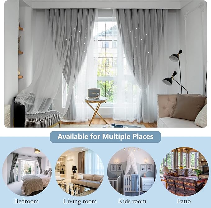 Star Curtains Double Layer Curtains Blackout Curtains for Bedroom Kids Curtains Cute Curtains, Curtains 72 Inches Long 2 Panels Set, Grey Curtains, 42 X 72 Inches