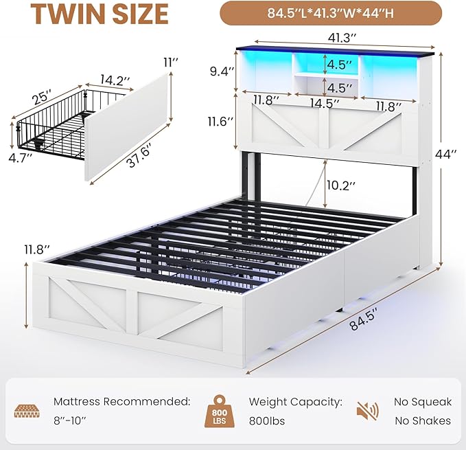 VIAGDO Farmhouse Bed Frame Twin Size with Bookcase Storage Headboard, Charging Station and LED Lights, Wooden Twin Bed Frames with 4 Drawers, Barn Door Design, No Box Spring Needed, No Noise, White