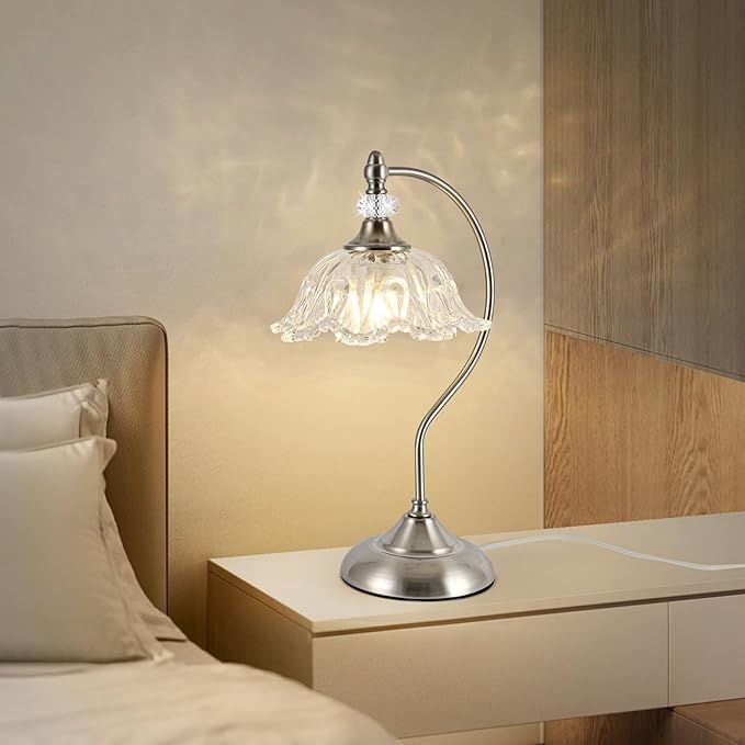 Brushed Nickel Table Lamp with a Floral Clear Glass Shade, A Plug-in Nightstand Lamp in Brushed Nickel Finish for Bedroom, Living Room,Office, and Desk