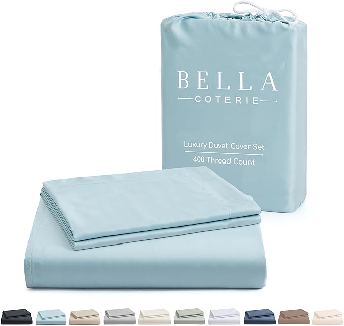 Bella Coterie Luxury Bamboo Viscose Queen Size Duvet Cover Set | 100% Organically Grown | Corner Ties | Ultra Soft | Cooling | Two Pillow Shams | 90 x 94 | No Insert [Coastal Blue]