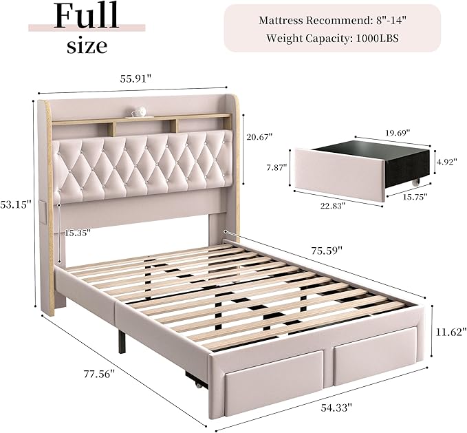 Full LED Bed Frame with Storage Drawers, Velvet Upholstered Platform Beds with Galaxy Star Projector Charging Station Speaker, Aurora Bedframe with 2-Tier Storage Headboard, Noise-Free, Pink