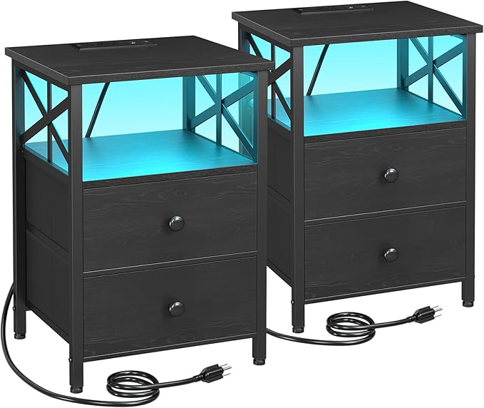AMHANCIBLE Night Stand Set 2, LED Nightstand with Charging Station, End Tables Living Room with Fabric Drawers, Bed Side Table for Bedroom, Black, HET052LBK