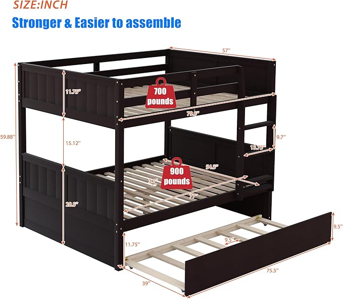 TSAMPA Latest Upgraded & Stronger Heavy Duty Solid Wood Full Over Full Bunk Bed with Trundle, Thickened Safer Convertible Bunkbed Frame (Easier to Assemble) (Espresso)