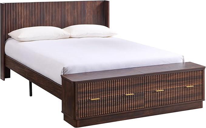 T4TREAM Fluted Queen Size Bed Frame with Wingback Headboard, Footboard Storage Bench with Built-in Drawers & Lift-Up Compartments, Wood & Steel Platform Bed, No Box Spring Needed, Dark Walnut