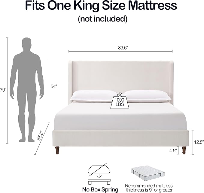 Upholstered Bed Frame with 54'' Nail Head Decorative Wing Back,Hand Buttoned Tufting Headboard Platform Bed Frame with Wooden Slats,No Box Spring Needed (Cream White, King)