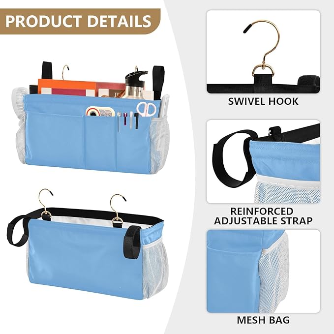 KOPIRIT Lake Blue Bedside Caddy Storage Bag Bedside Organizer for Dorm Room Top Bunk Bed Bedside Shelf Hanging Organizer 6 Pockets with Hooks for Glasses Book Tablet Holder