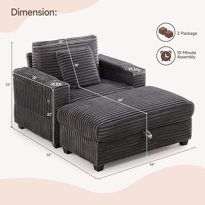 ONBRILL Corduroy Oversized Chair with Ottoman, 44" Wide Armchair with Cup Holders & USB Port, Reading Chair w/Storage Armrest, Easy Assembly, Comfy Single Sofa Bed for Living Room, Apartment, Grey