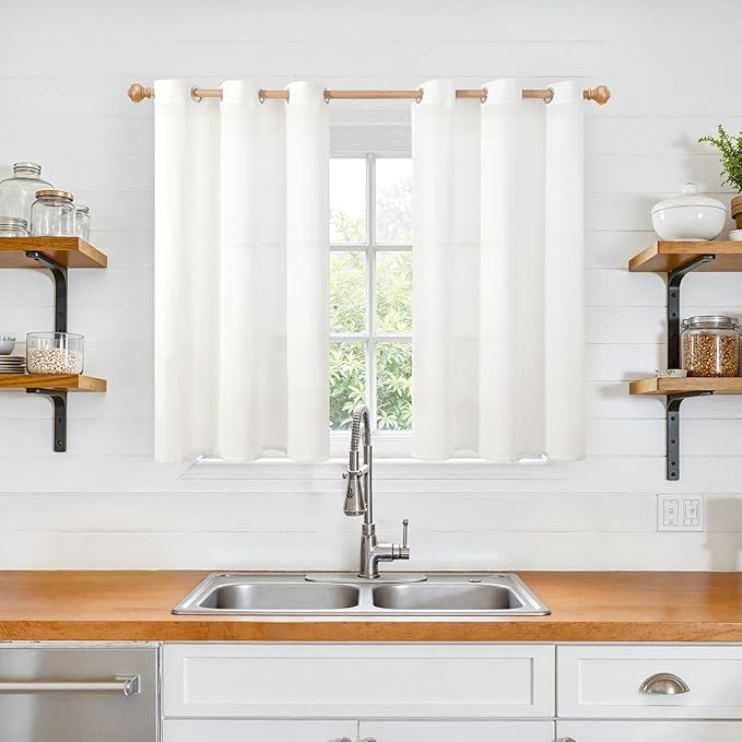 YoungsTex White Linen Curtains 40 Inches Length for Short Window, Light Filtering Drapes Semi Sheer with Grommet Lightweight for Bathroom Kitchen Window Over Sink, 2 Panels, 42 X 40 Inch