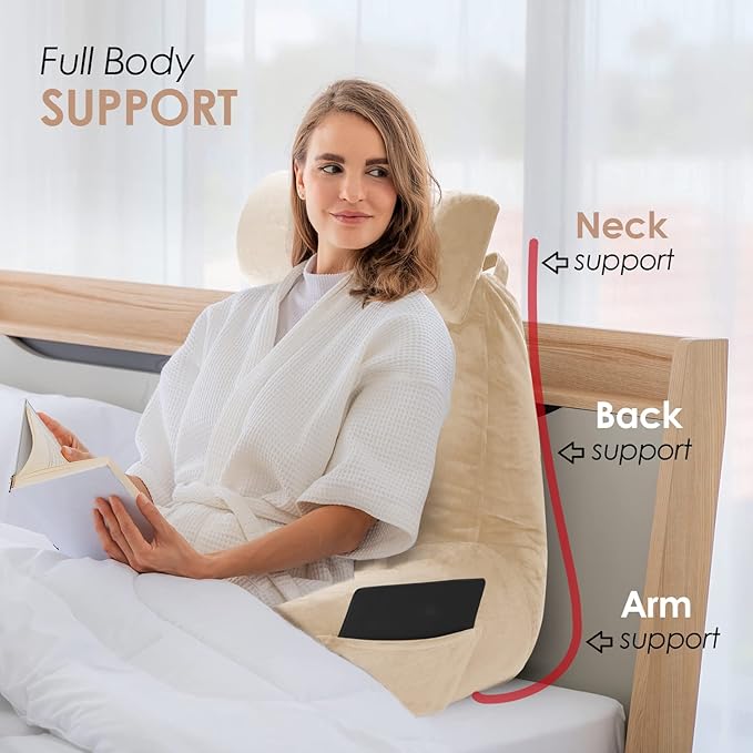 Nestl Reading Pillow with Shredded Memory Foam Includes 2 Neck and Lumber Support Pillows, Designed for Sitting Up in Bed and Couch, Back and Arms Adjustable Support for Adult & Teens, Beige Cream
