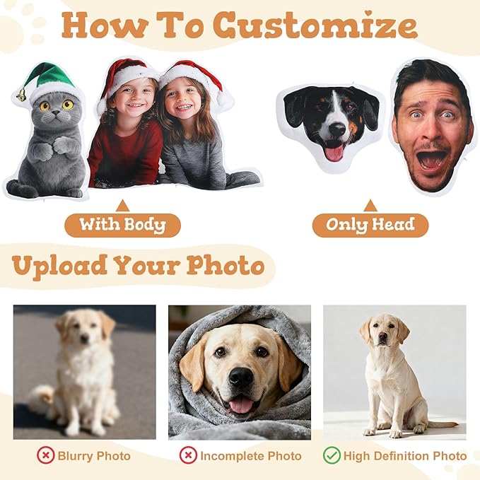 Custom4U Custom Pet Pillow with Picture Personalized Photo Dog Cat Full Body Shaped Pillow Gifts for Birthday Thanksgiving Christmas (14inches)