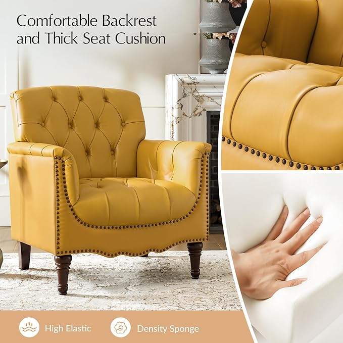 HULALA HOME Mid Century Modern Leather Club Chairs, Top-Grain Genuine Leather Armchairs with Button-Tufted Back & Solid Wood Legs, Accent Chairs for Living Room/Bedroom/Home Office, Yellow