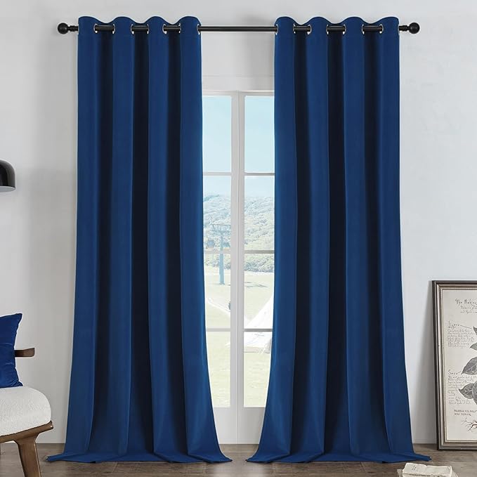 Joydeco Royal Blue 100% Blackout Curtains 90 Inch 2 Panels, Luxury Thermal Royal Blue Velvet Curtains for Bedroom Living Room, Soundproof Blackout Window Drapes, Grommet Top (52W x 90L)