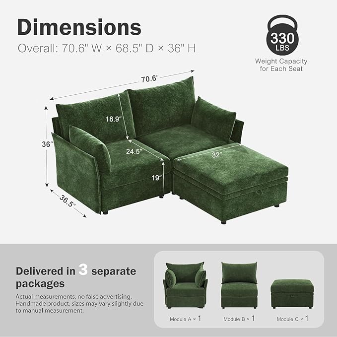 ABCASA Luxury Modular Sectional Sofa, L-Shaped 3-Seat Couch with Storage Ottoman Deep Seat & Reversible Chaise Lounge Chenille Green for Compact Spaces, Apartments, Dorm