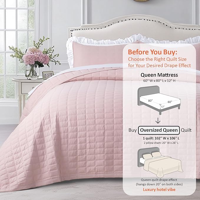 KASENTEX Oversized Queen Quilt Set 102"x106" – Soft Washed 3-Layer Lightweight Bedspread, Minimalist Nordic Design, All-Season Spring & Summer Quilt Set (1 Quilt + 2 Pillow Shams), Blush Pink