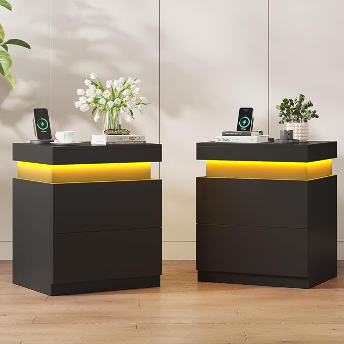 ADORNEVE Black Nightstand with Charging Station and LED Lights,Night Stand with Sliding Top,Bedside Table with Drawers,Modern End Side Table for Bedroom