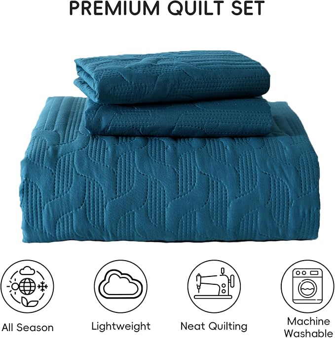 Yiran Teal Blue Quilt Set Queen Size Lightweight Bedspread Ultrasonic Wave Pattern Soft Microfiber Coverlet for All Season Modern Style 3 Piece Bed Cover Sets with 2 Pillow Shams (96"x90")