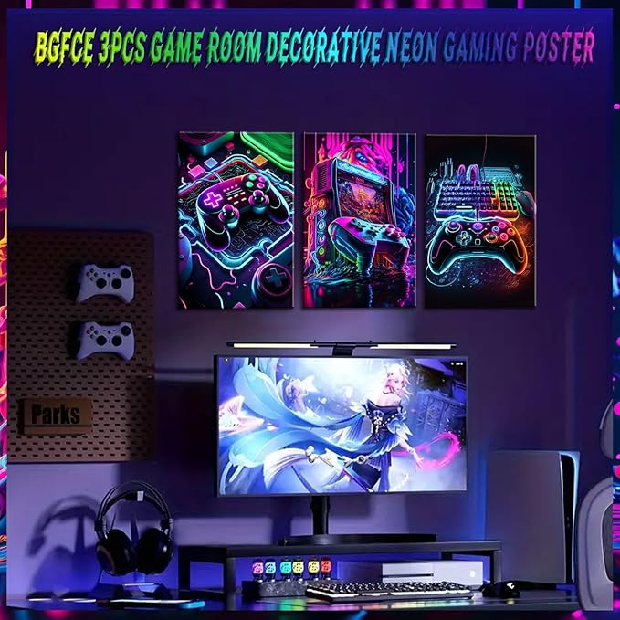 Game Room Decor Posters Set of 3 - Neon Gaming Accessories Theme Canvas Wall Art, Gamer Console Paintings Picture Wall Decor for Children Youth Boys Bedroom 12x16 inch Unframed