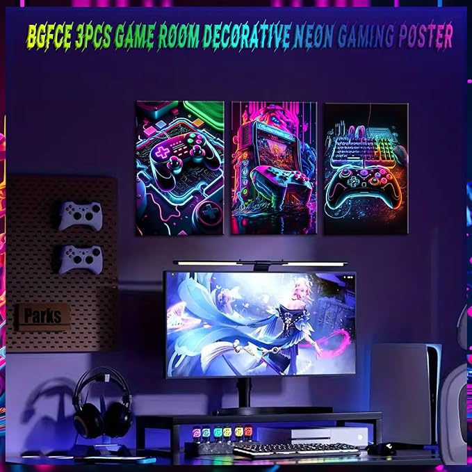 Game Room Decor Posters Set of 3 - Neon Gaming Accessories Theme Canvas Wall Art, Gamer Console Paintings Picture Wall Decor for Children Youth Boys Bedroom 16x24 inch Unframed