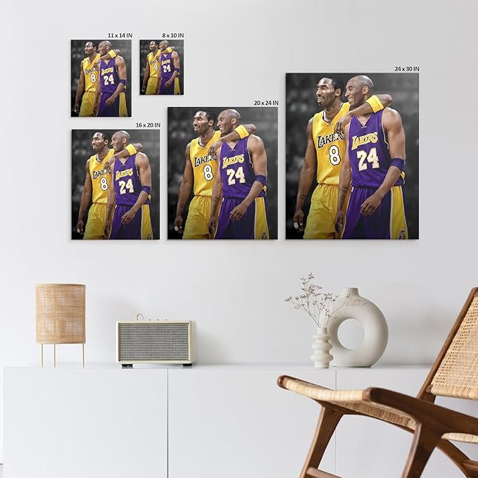Kobe Bryant Canvas Wall Art Print Poster, Iconic Basketball Player Dual-Era Tribute Artwork, No. 8 and No. 24 Jersey Mamba Mentality Wall Decor for Home Gym Dorm Office Living Room, Framed 24x30inch