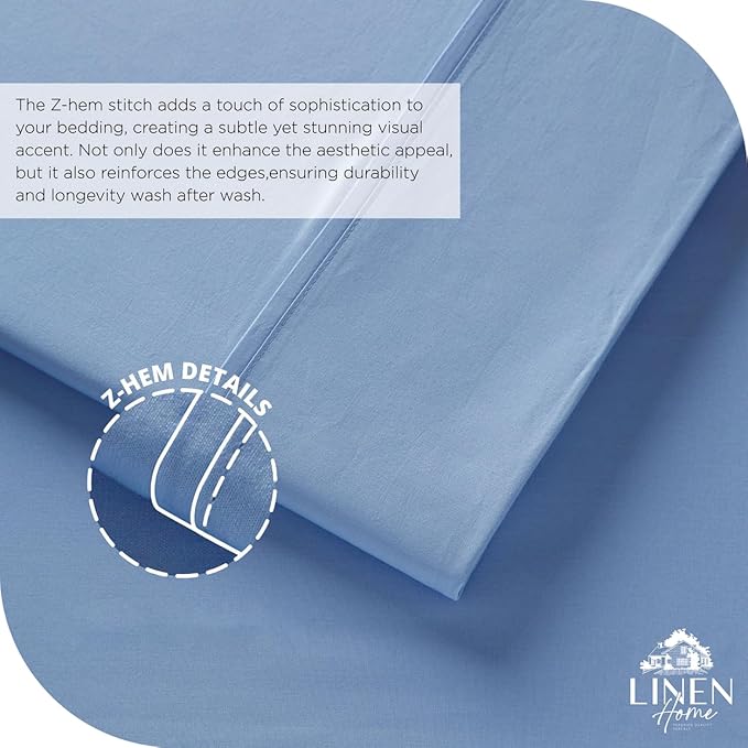 Linen Home 100% Cotton Percale Sheet Set, Cal King Size, Baby Blue, Deep Pocket, 6 Pieces Set - 1 Flat, 1 Deep Pocket Fitted Sheet and 4 Pillowcases, Crisp Cool and Strong Bed Linen