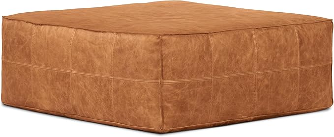 POLY & BARK Taos Ottoman – 37" Square Pouf with Feather-Down Topper – Full-Grain Leather Upholstered Pouf Ottoman for Living Room – Vintage Italian Leather in Cognac Tan