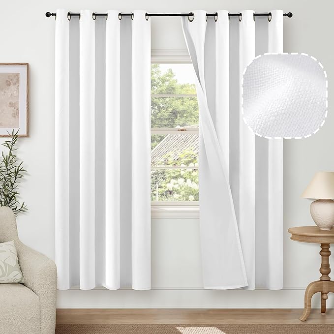 Blackout Curtains for Bedroom 72 Inch Length 2 Panels Set, Thermal Insulated 100% Black Out Privacy Soundproof Grommet Farmhouse Linen Window Curtains for Living Room Darkening, White, Each 52”Wide