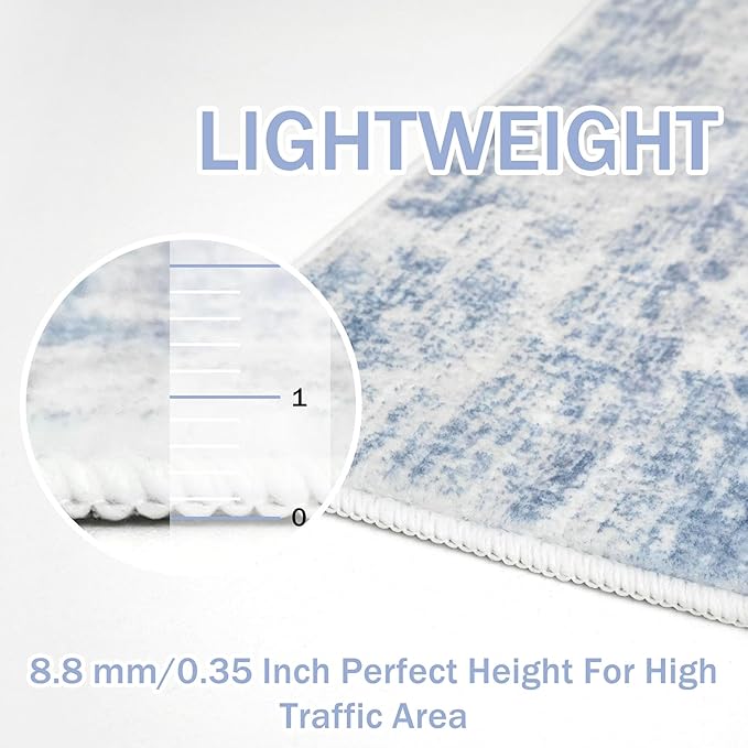 IOHOUZE Abstract Runner Rug 2x7 Ft Washable Runners for Hallways, Non Slip Kitchen Runner Printed Faux Wool Entryway Runners Indoor, Modern Floor Carpet for Hall Kitchen Bedroom, Light Blue White