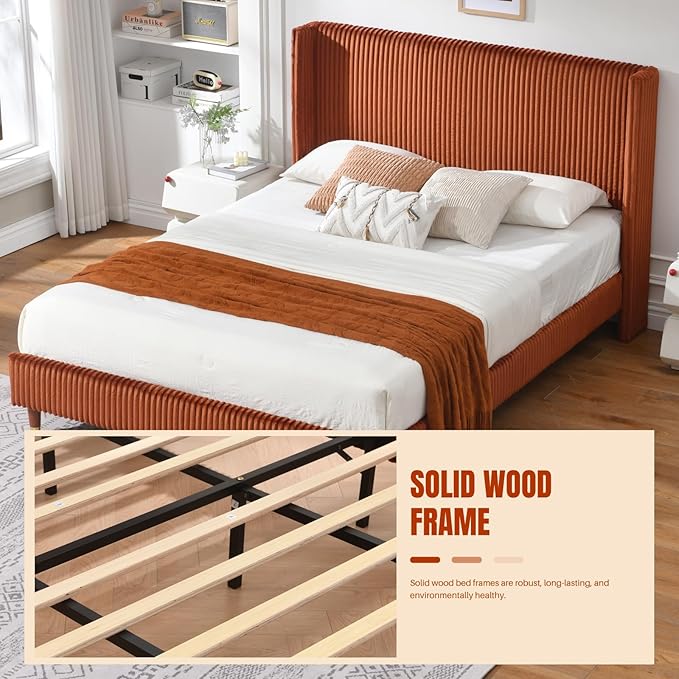 PINJU Full Size Bed Frame, Upholstered Platform Bed with Modern Vertical Striped Wingback Headboard with Wooden Slats, Easy to Assemble No Noise Free (OCHER, Full)