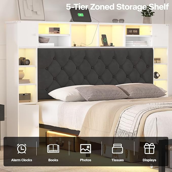 Queen Bed Frame with Bookcase Headboard and Storage Drawers, 51.2" Metal Platform Queen Size Bed Frame with Charging Station and LED Lights, Velvet Upholstered Tufted Bed Frames, White