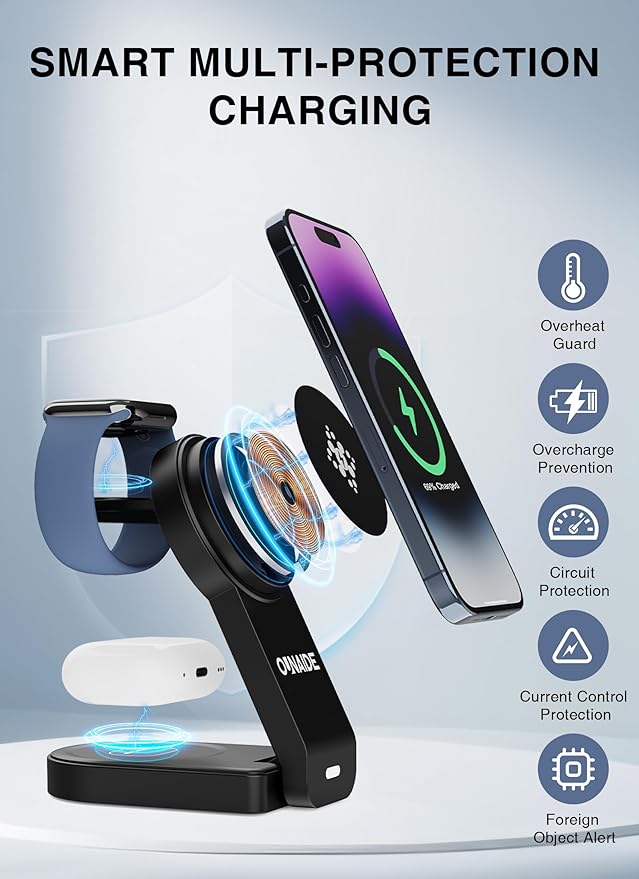 3-in-1 Charging Station for Apple MagSafe Charger, Foldable Wireless Charging Station Magnetic Charger Stand for iPhone 17 Air/16/15/14/13/12 Series/Apple Watch10-2/Airpods (Black)