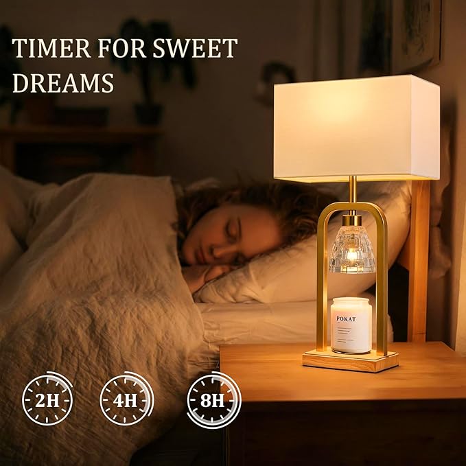 PoKat Gold Table Lamps with Candle Warmer & Timer for Bedroom, Mid Century Modern Modern Bedside Lamps Set of 2 for Night Stands, 21.5'' Bedroom Lamps Decor for Living Room Hallway, Bulbs Included